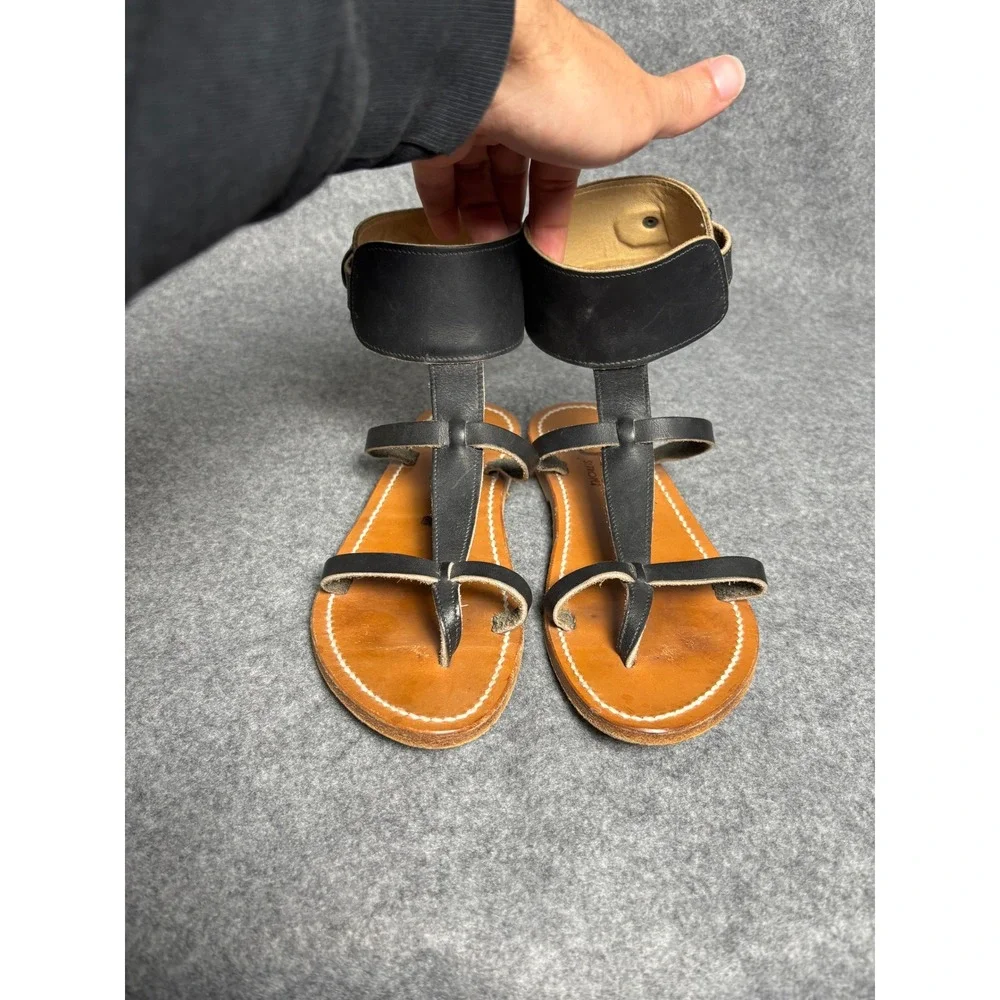 K.Jacques Setropez Black Leather Flat Gladiator Ankle Strap Sandals Womens 39